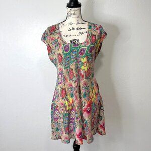 Johnny Was Women Size M Mini Tunic Dress Floral Paisley Short Sleeve Cupra Rayon